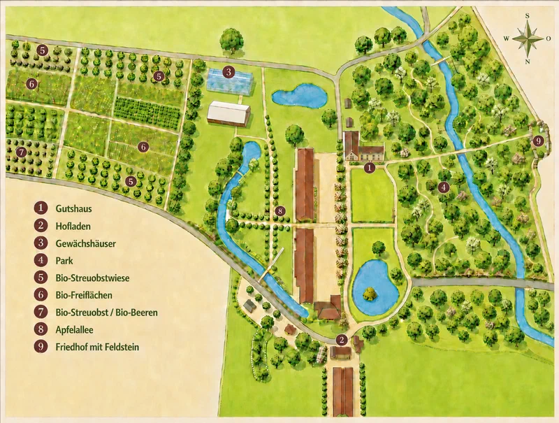 Illustrierter Lageplan von Gut Rosengarten mit nummerierter Legende
